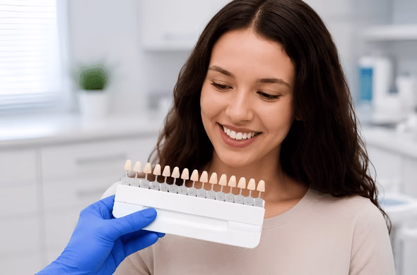 Lachende vrouw bekijkt samen met een tandheelkundig professional een kleurenstaal voor het kiezen van de gewenste tandkleur.